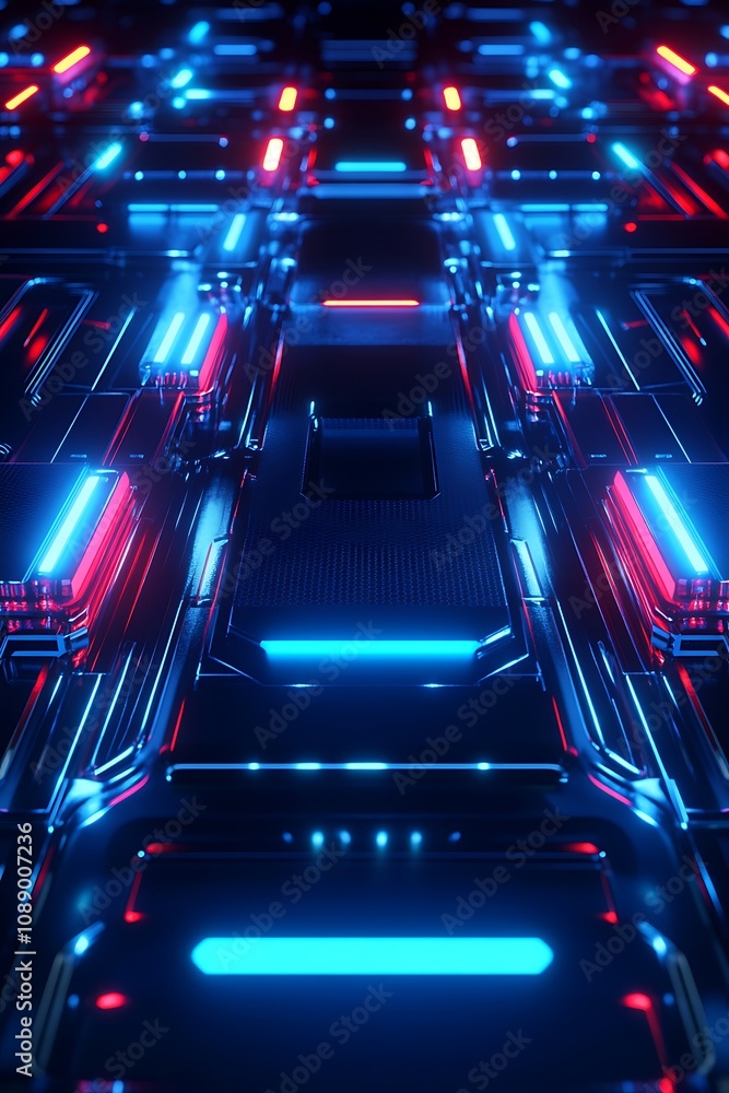 Poster futuristic neon circuitry background with bright blue and red lights on a dark surface, ideal for te
