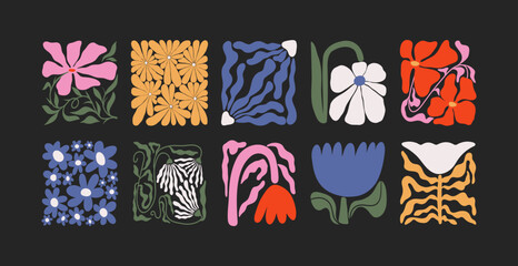 Contemporary floral elements. Abstract flower leaves shapes, modern decorative spring blossom foliage art, trendy botanical graphic tiles. Vector isolated set
