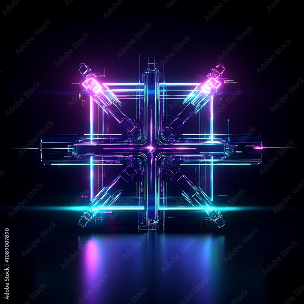 Poster futuristic neon cross structure with dynamic light effects in a dark background, ideal for sci-fi th