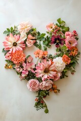 An elegant heart shape created with vibrant red, pink, and orange flowers intertwined with greenery on a light textured background, perfect for Valentine&rsquo;s day. 