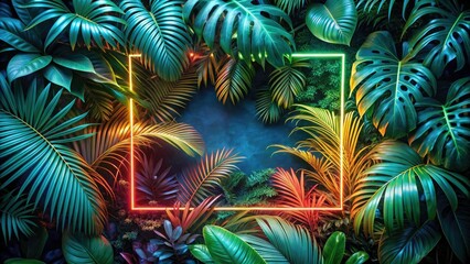 Vibrant Neon Frame with Tropical Leaves - Aerial Photography Composition Highlighting Shadows and Modern Design Elements