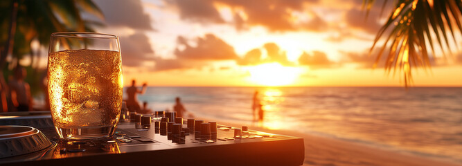 A close-up shot of hands on turntables, with people dancing in soft focus behind at sunset during an outdoor party. A photo of DJ equipment on the beach with a sunset and crowd in the background.