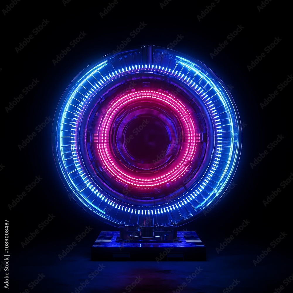 Poster Futuristic Neon Light Display with Vibrant Circular Patterns Illuminating Against a Black Background in a Modern Digital Art Style