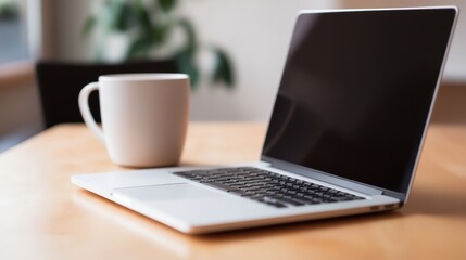 Fototapeta premium A cozy workspace featuring a laptop and a coffee mug on a wooden table during the morning for productive tasks