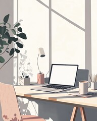 Morning Sunlight on a Minimalist Desk: A cozy and inviting illustration of a minimalist workspace bathed in warm morning sunlight.