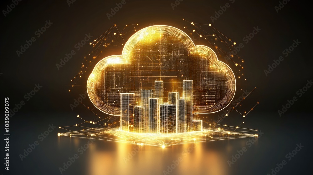 Poster a modern cityscape with glowing lines connecting to a cloud symbol in the sky, symbolizing data virt