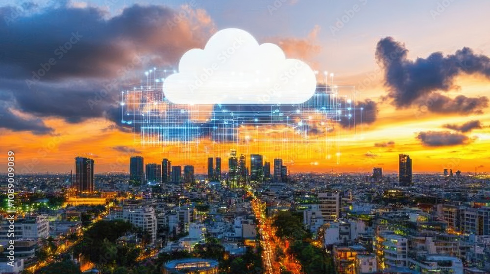 Poster a modern cityscape with glowing lines connecting to a cloud symbol in the sky, symbolizing data virt
