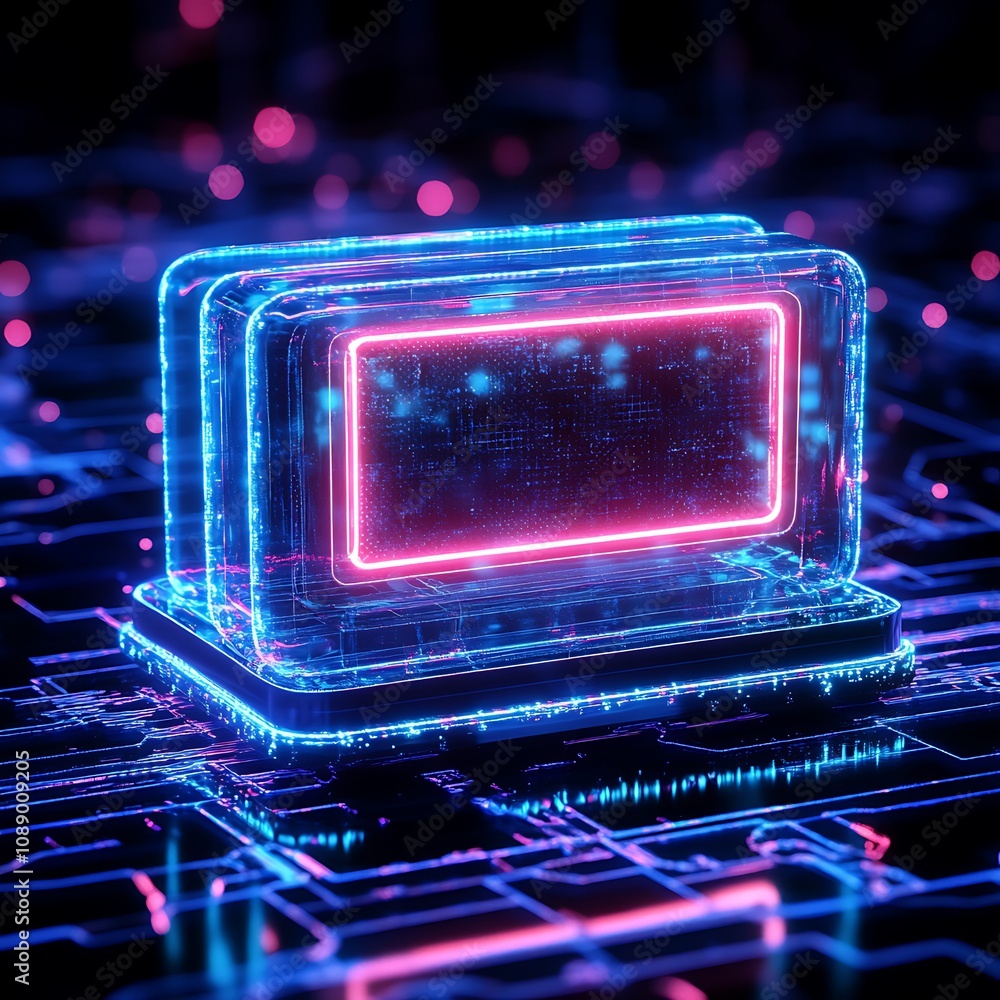 Poster futuristic neon technology rectangle with glowing edges on digital circuit background for high-tech 