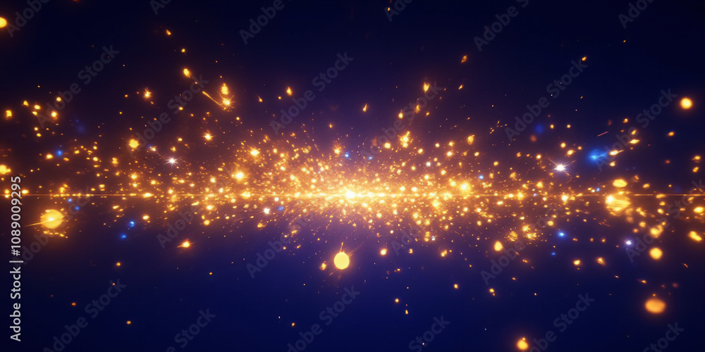 Poster a mesmerizing abstract image of golden sparkles on a dark background, creating a sense of motion and