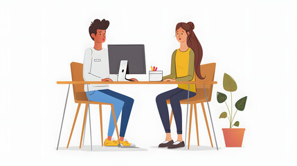 working together on project. two young business colleagues working on computer with a white accent, png