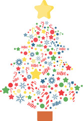 Colorful Christmas Tree made from candy, peppermints, stars, dots, Xmas ornaments, for holiday, December, winter graphic element