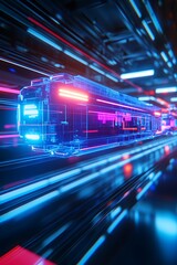 Fototapeta premium Futuristic Neon Train Moving Through High-Tech Tunnel with Vibrant Blue and Red Lights, Emphasizing Speed and Innovative Design in a Digital Environment
