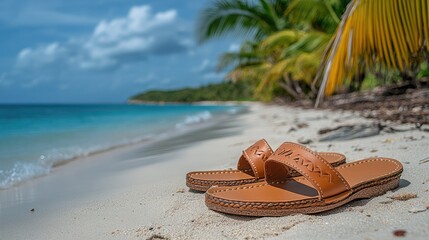 Tan leather sandals on a tropical beach.