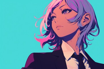 Stylish Anime Girl with Pink and Purple Hair in a Suit. Minimalist Anime Illustration.