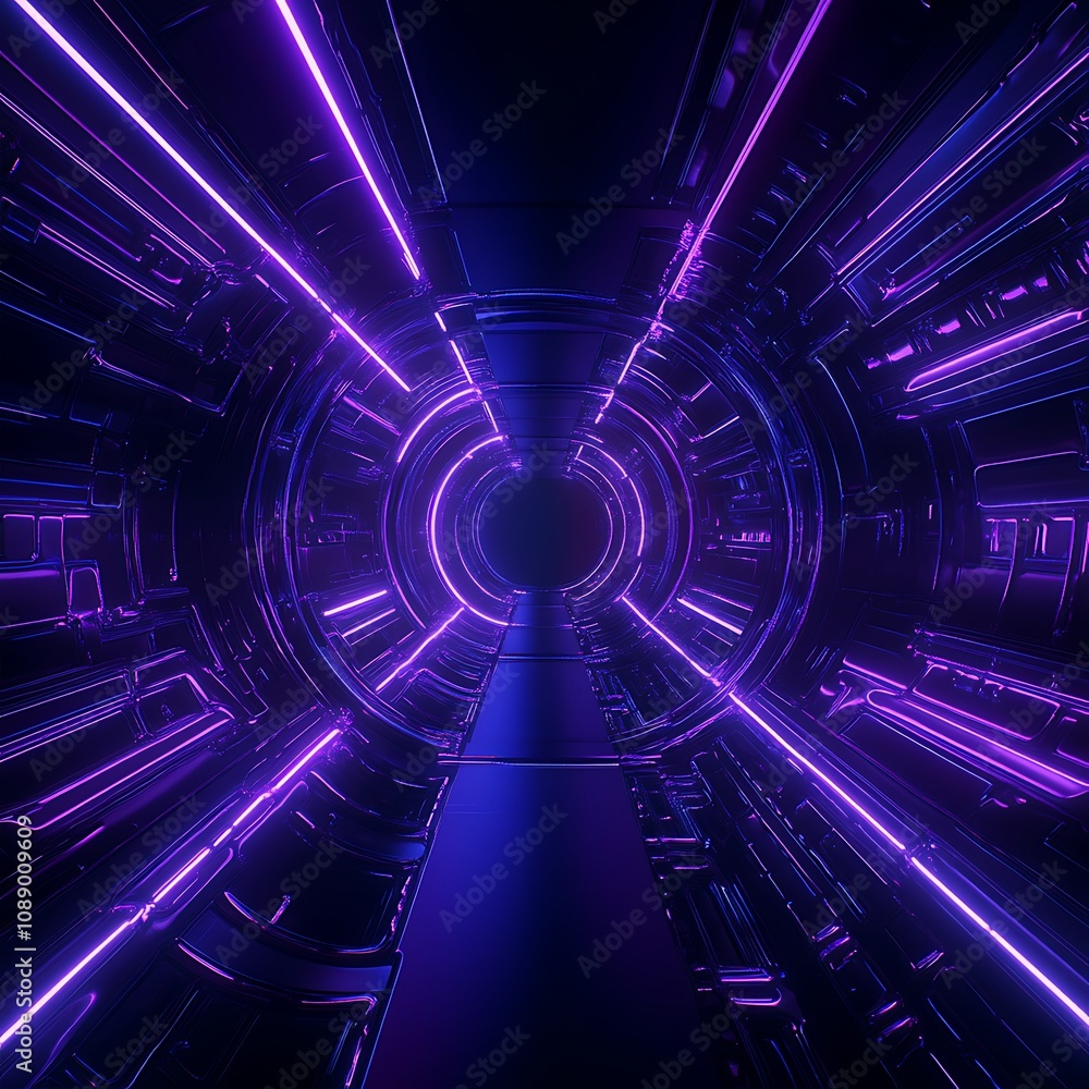 Poster futuristic neon tunnel with glowing purple and blue lines creating a mesmerizing pathway, evoking a 