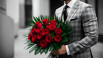 Businessman holding red roses in city street, Gentleman Hands holding red roses, waiting for love, romance, dating, anniversary or valentine day concept