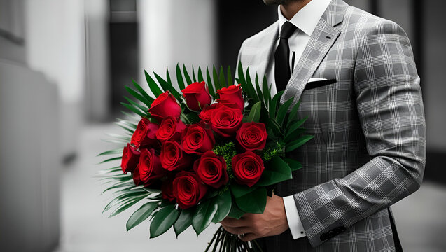 Businessman holding red roses in city street, Gentleman Hands holding red roses, waiting for love, romance, dating, anniversary or valentine day concept
