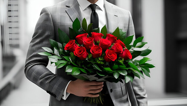 Man with red roses bouquet, Young Man in Suit with rose bouquet, waiting for love, romance, dating, anniversary or valentine day concept - Powered by Adobe