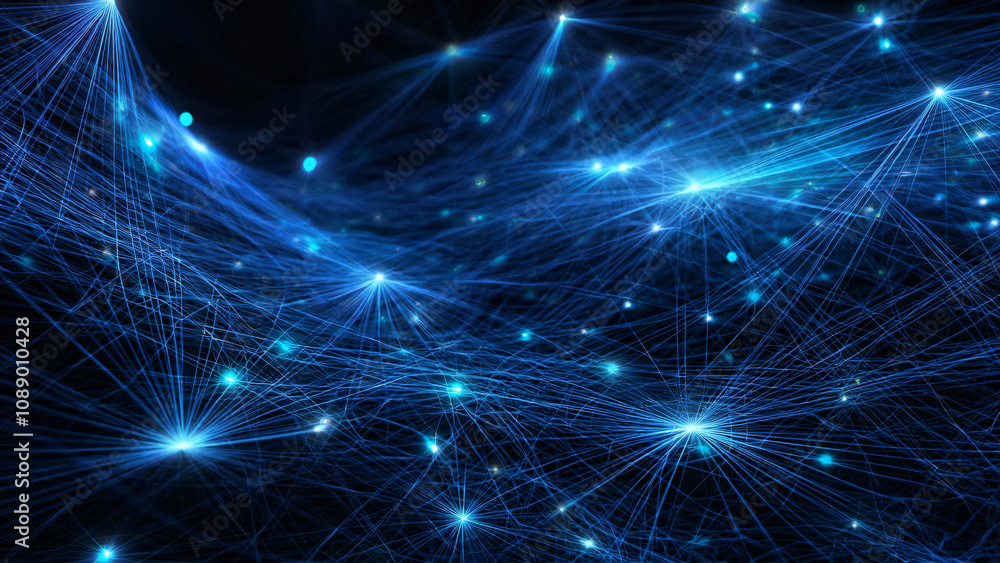Poster an intricate blue and black network of lines and dots creating a dynamic digital landscape, represen