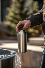 A person filling a stainless steel water bottle from a public fountain, avoiding single-use plastic