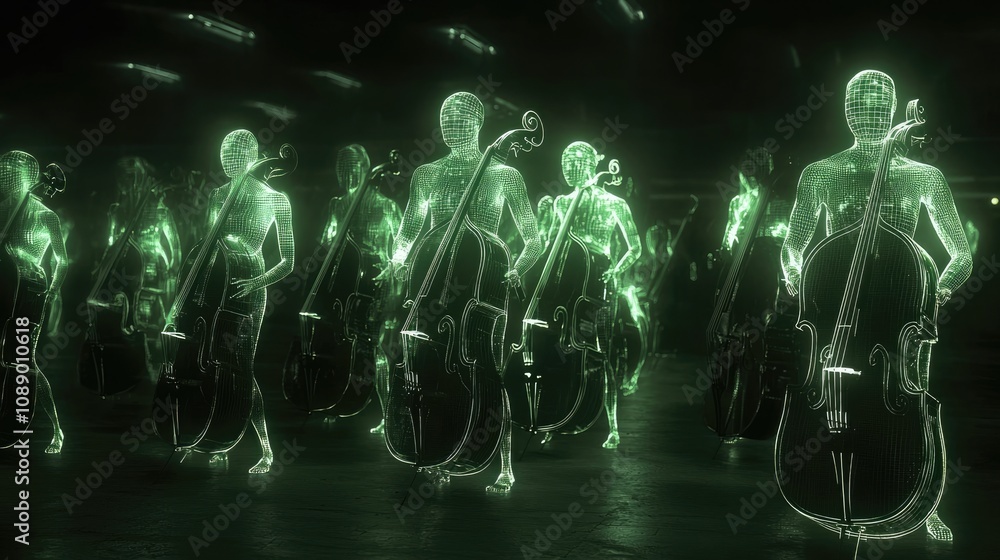 Poster a futuristic scene featuring luminous green holographic figures playing string instruments in a dark