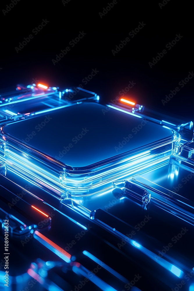Poster futuristic technology concept featuring a blue led circuit board with a central processor surrounded