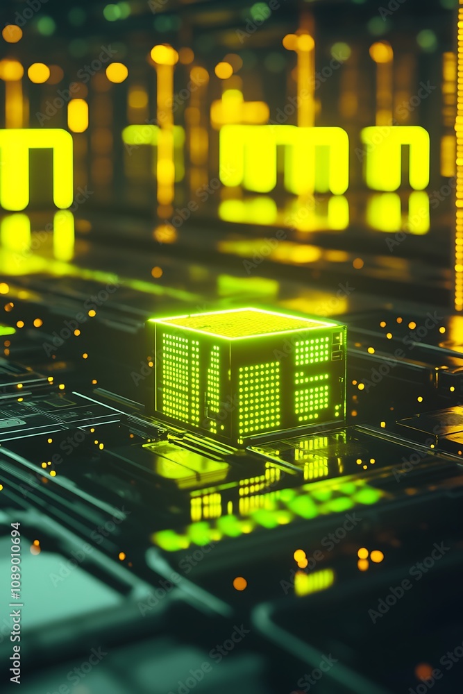 Poster futuristic technology concept with neon green chip on circuit board reflecting bright luminescence i