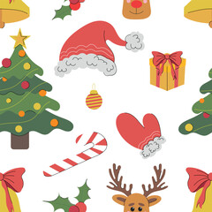Merry Christmas seamless pattern. Christmas tree, rein deer, santa claus red hat, striped candy cane, glove, snowman on white. Winter wrapping paper decoration, greeting card, wallpaper