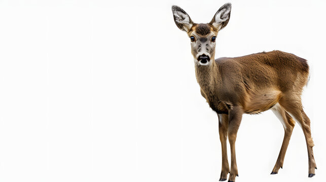 roe deer, capreolus capreolus, buck watching alerted with front leg lifted in the air. shy wild animal facing camera in wilderness with a white accent, space for captions, png
