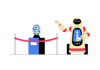 Museum Guide Robot Explaining Displayed Artifact In Flat Vector Illustration Symbolizing AI Integration, Education, And Cultural Interaction, Isolated On White Background.