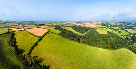 Farms and Fields over River Tamar Estuary from a drone, Cornwall, England