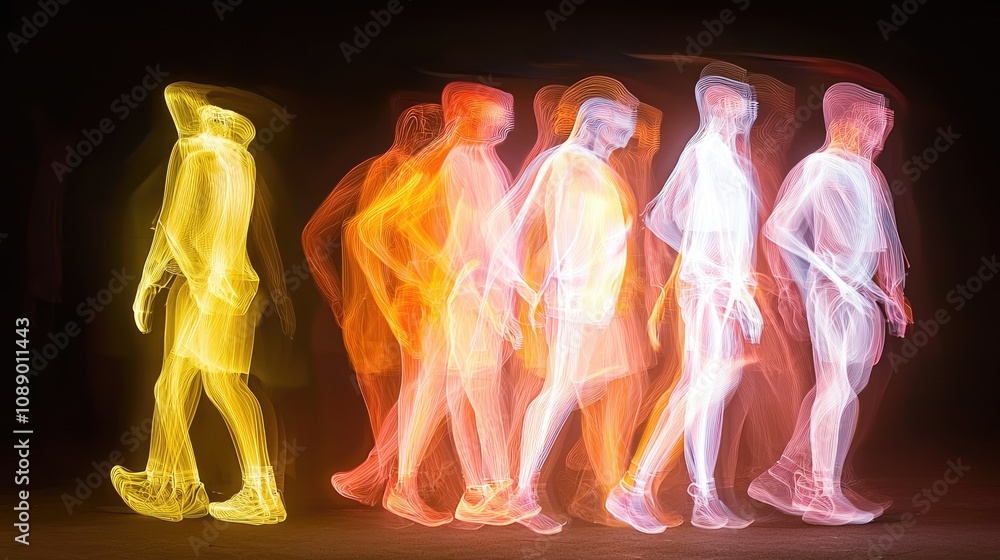 Poster a dynamic representation of a person in motion, captured through light trails, illustrating the prog