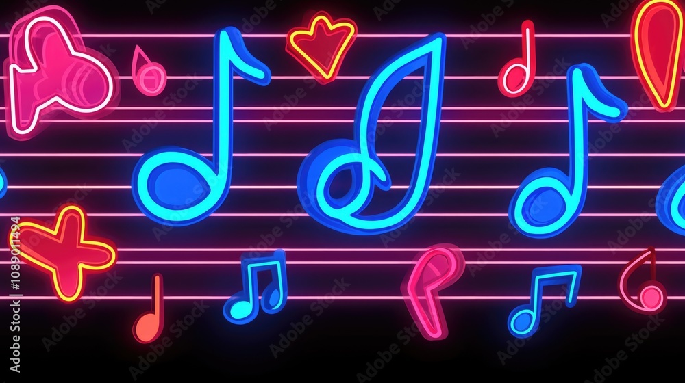 Poster a vibrant display of neon musical notes and symbols against a dark background, creating a lively and