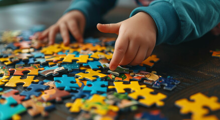 Close-up of a child's hands holding colorful puzzle pieces. A break from gadgets and peace of mind