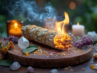 Burning sage candle with crystals and lilac flowers for spiritual rituals. AI generated