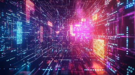 Naklejka premium Futuristic Computer Terminal with Floating Quantum Circuits and Vibrant Data Beams Quantum Computing Concept