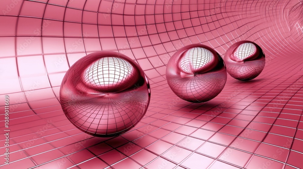 Poster a vibrant, abstract scene featuring three reflective spheres on a textured pink background, creating