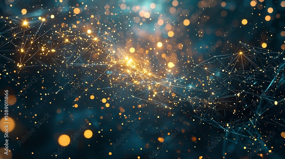 Poster quantum computing concept glowing qubits connecting in dark digital universe