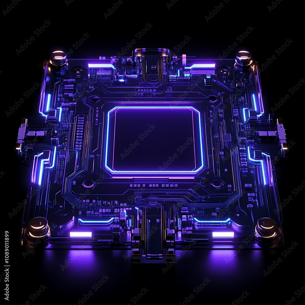 Poster high-tech circuit board: a close-up view of a futuristic microchip displaying neon glow in dark back