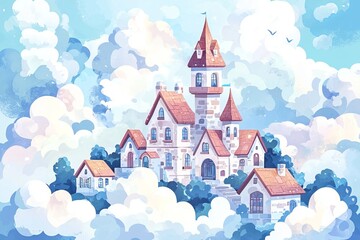 Watercolor  illustration lullaby theme, A whimsical castle rises among fluffy clouds under a bright blue sky, blending fantasy and serenity in a picturesque scene.