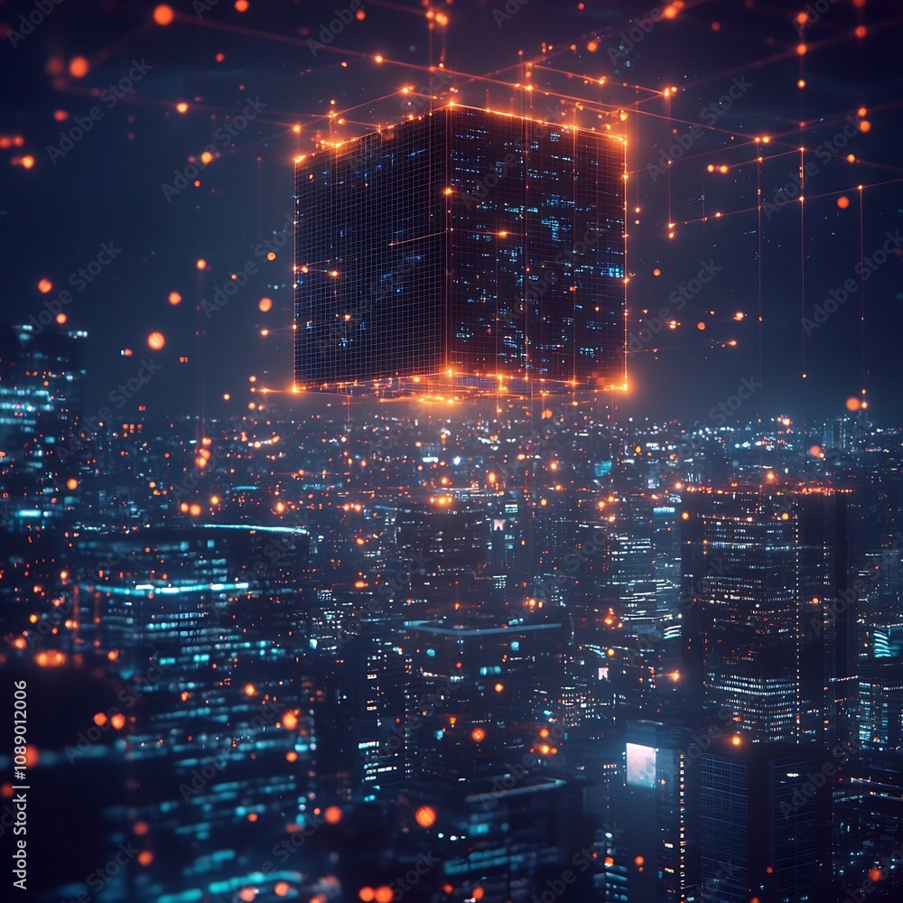 Poster glowing quantum processor hovering over futuristic cityscape representing quantum networking power