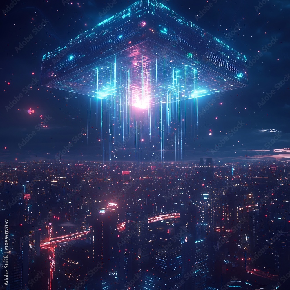 Poster floating quantum processor sending entangled particles above futuristic city skyline