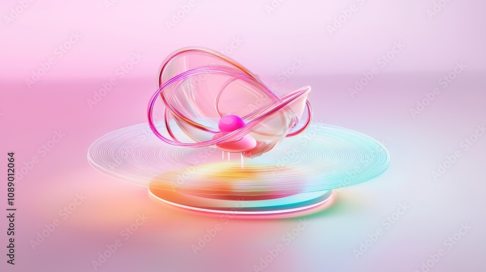 Poster a vibrant, abstract sculpture with flowing shapes and pastel colors, set against a soft gradient bac