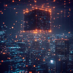 Glowing Quantum Processor Hovering over Futuristic Cityscape Representing Quantum Networking Power