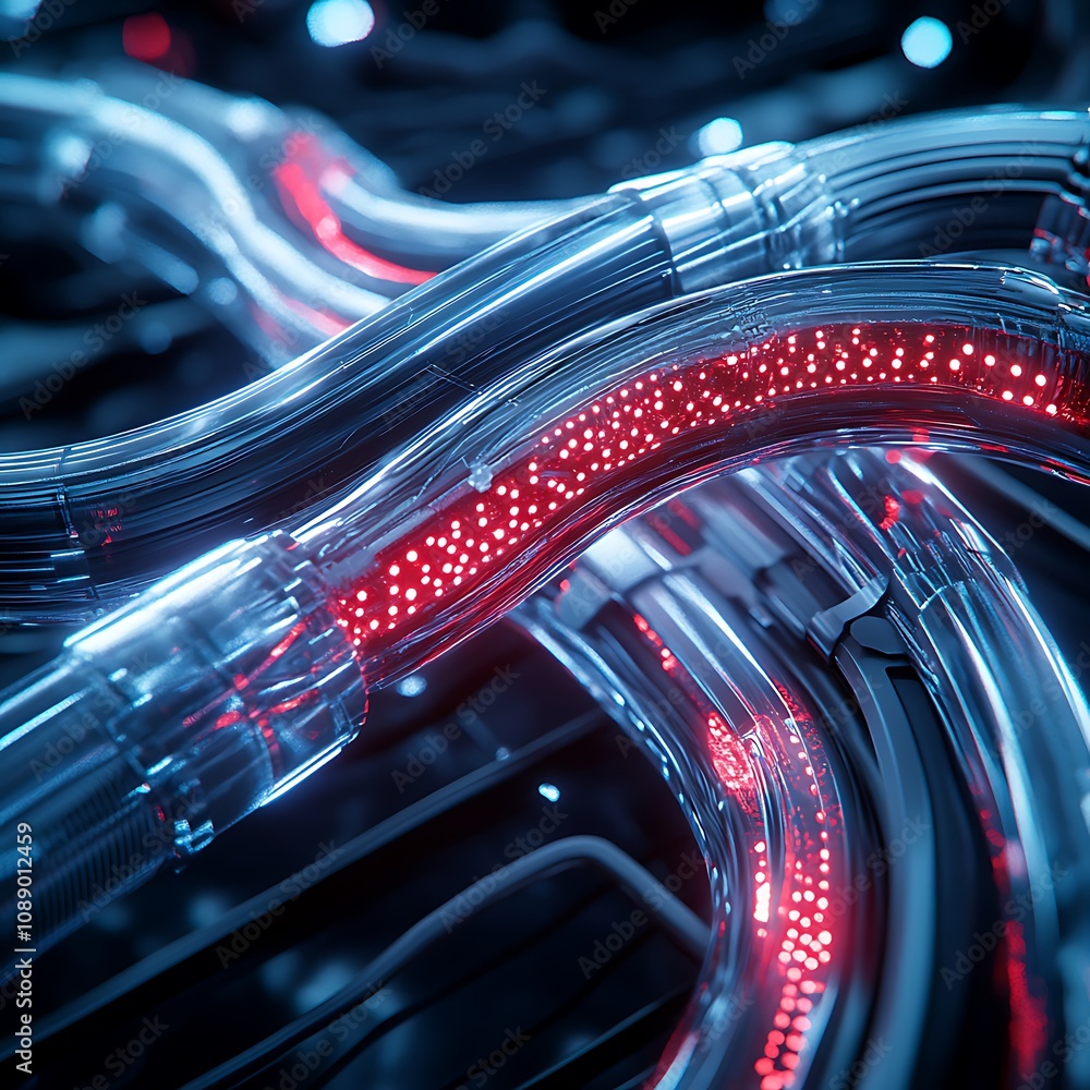 Poster intricate network of colorful lighted cable tubes creating a dynamic surface pattern, showcase of mo
