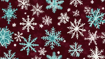 Vibrant Turquoise and White Snowflakes on Burgundy Background