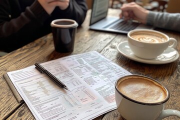 A cozy coffee shop scene featuring a workspace and coffee cups. A moment of creativity captured over coffee and collaboration. Perfect for productivity themes. Generative AI