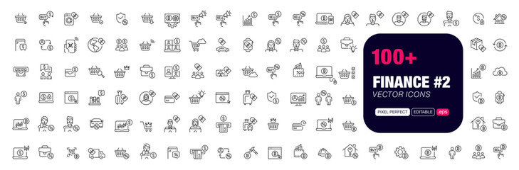 Set of business and finance related icons. Discounts, sales, cryptocurrency and other types of payment. Pixel perfect, editable stroke vectors