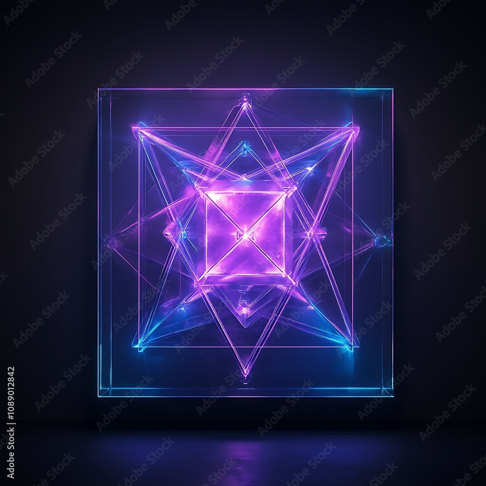 Poster modern abstract neon geometry with colorful lights and glowing shapes created on a black background,