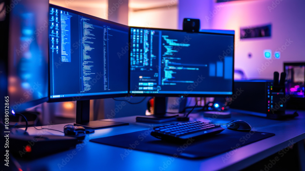 Poster two computer monitors displaying coding activities in a dimly lit workspace with blue lighting at ni